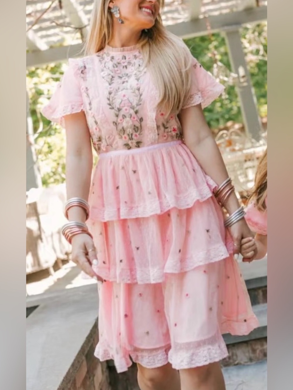 Ivy City Co Ingrid Mini Dress Embroidered Tulle Tiered Ruffle Pink Large